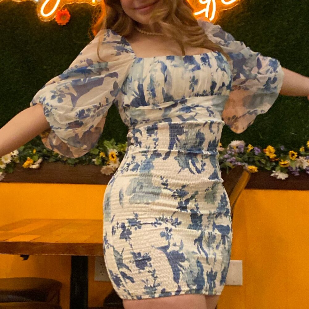 Urban Outfitters Blue and White Mesh Long Sleeve Cocktail Dress